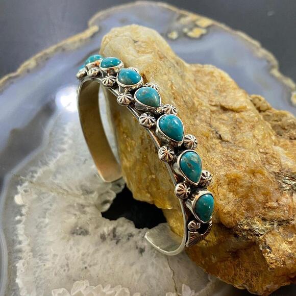 Paul Livingston Sterling Silver Silver Teardrop Turquoise Decorated Bracelet - Picture 5 of 10